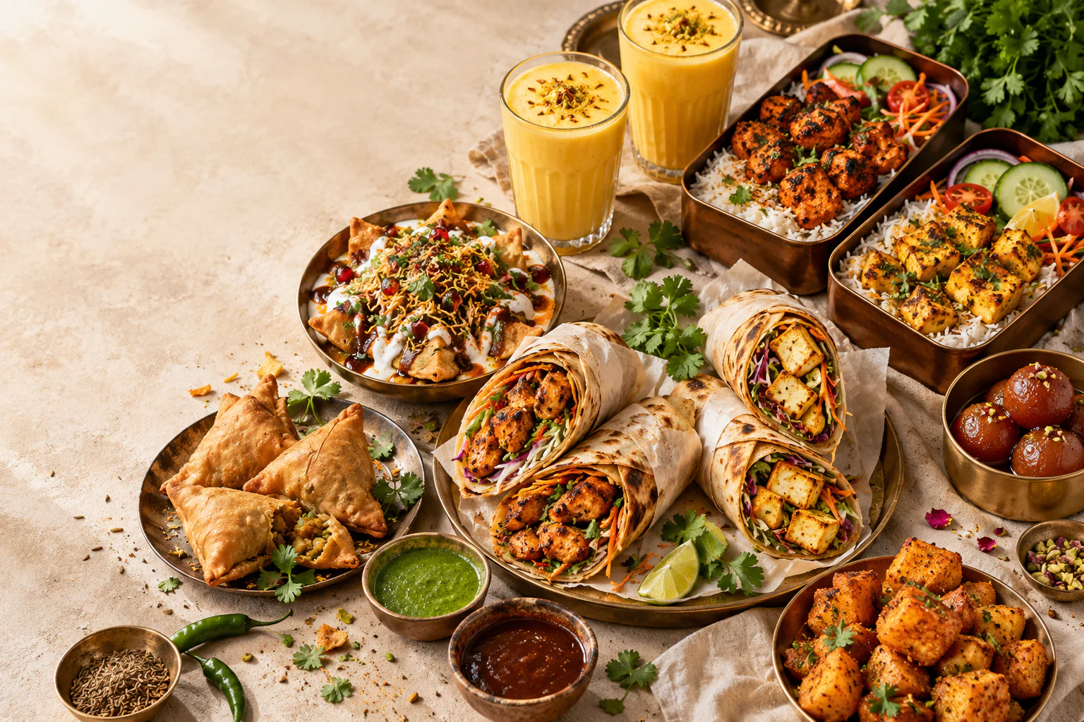 Indian feast of Frankies, tikka bentos, chaat, samosas, chutneys, mango lassi and sweets